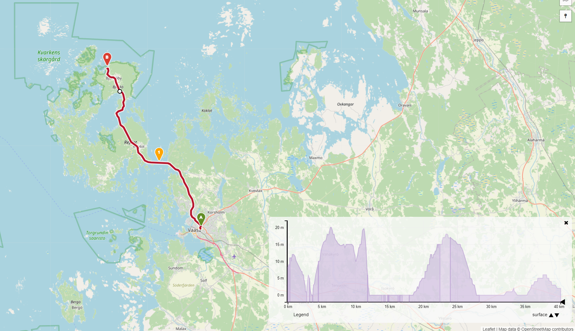 Route Vaasa - Replotbridge - Svedjehamn - Kvarken